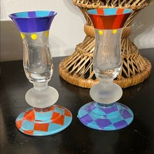 Whimsical Colorful Glass Candle Holders Mackenzie-Childs like set of 2